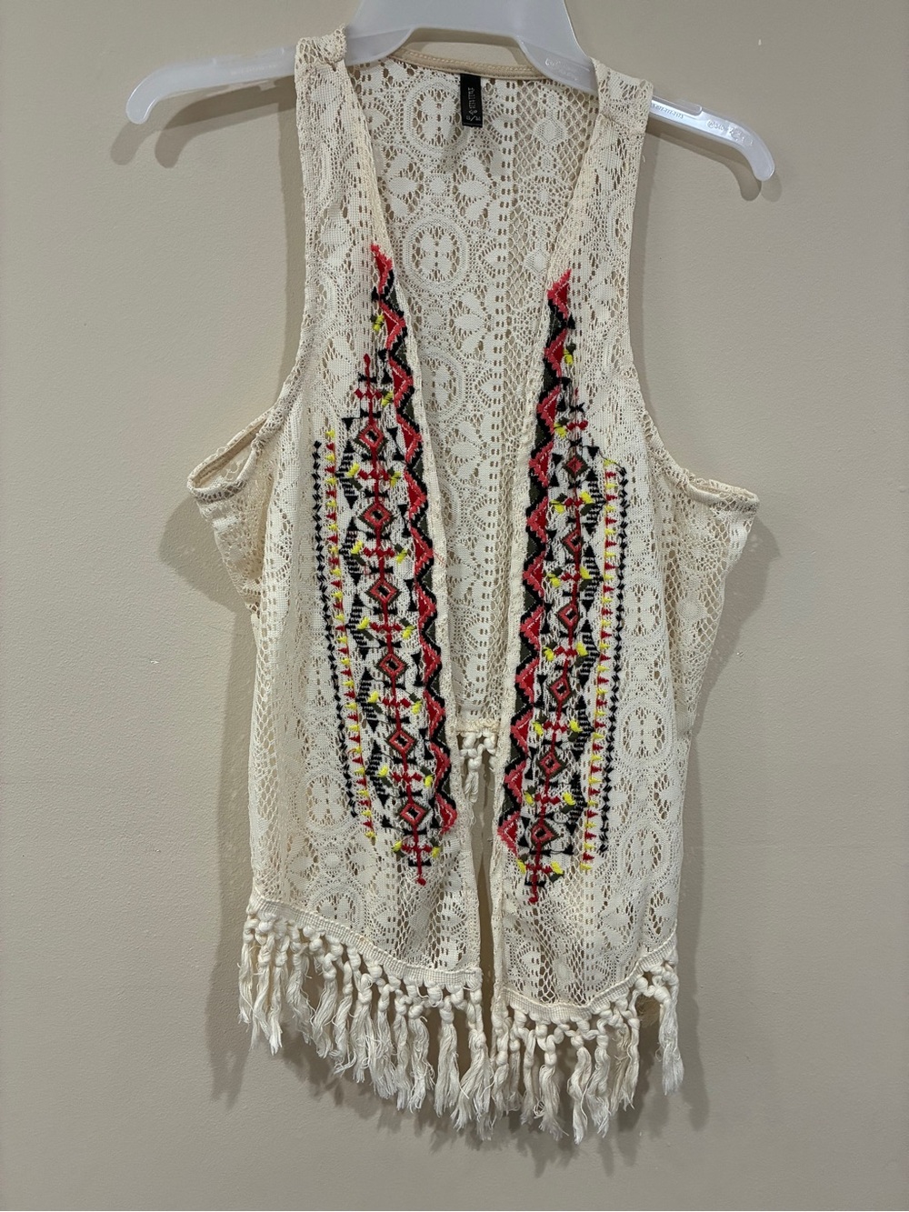 Full Tilt Cream Crochet Fringe Vest with Multicolor Embroidery